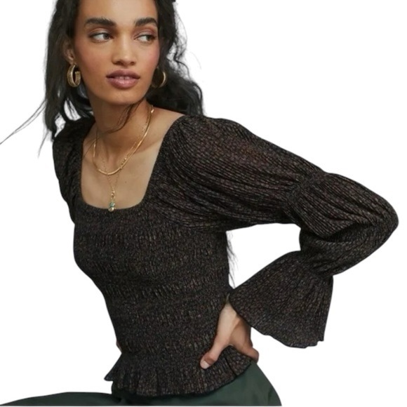Anthropologie Brown Blouse with Puff Sleeves and Smocked Fit Size Small Sparkle - Picture 1 of 6